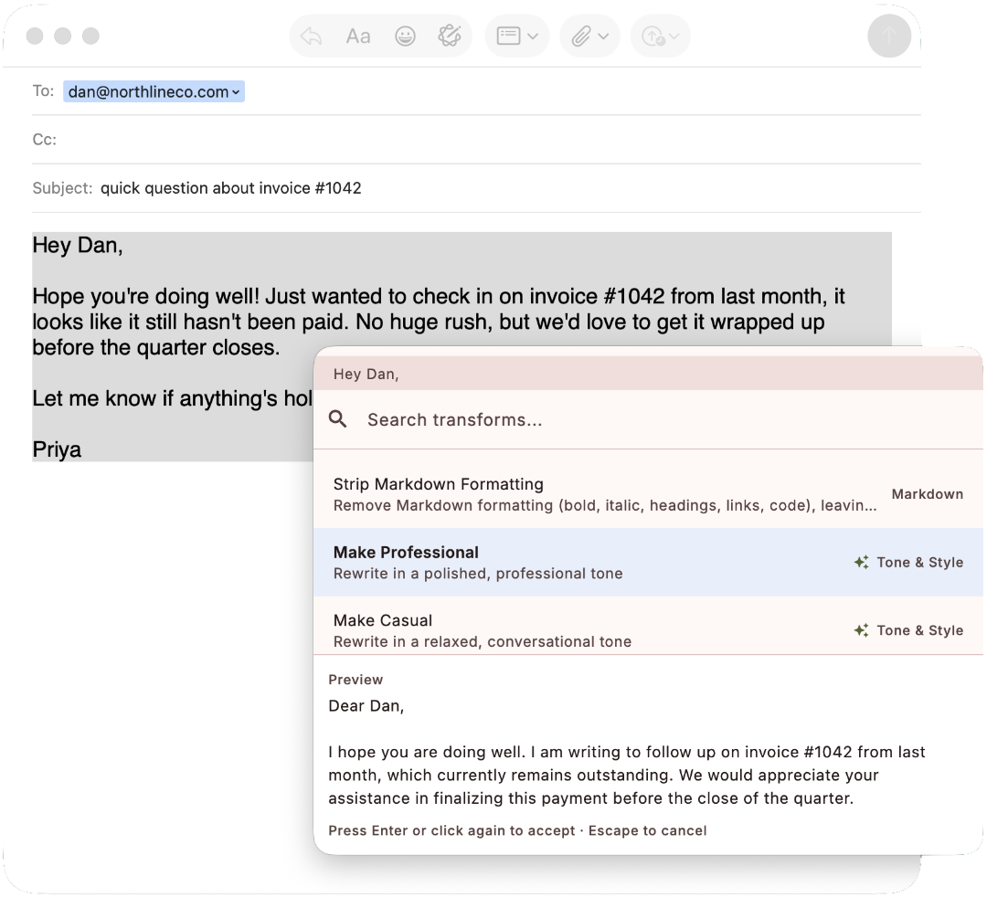 The Rewire Text command palette floating over an Apple Mail draft, with the Make Professional transform selected and a preview showing the email rewritten in a more formal tone.