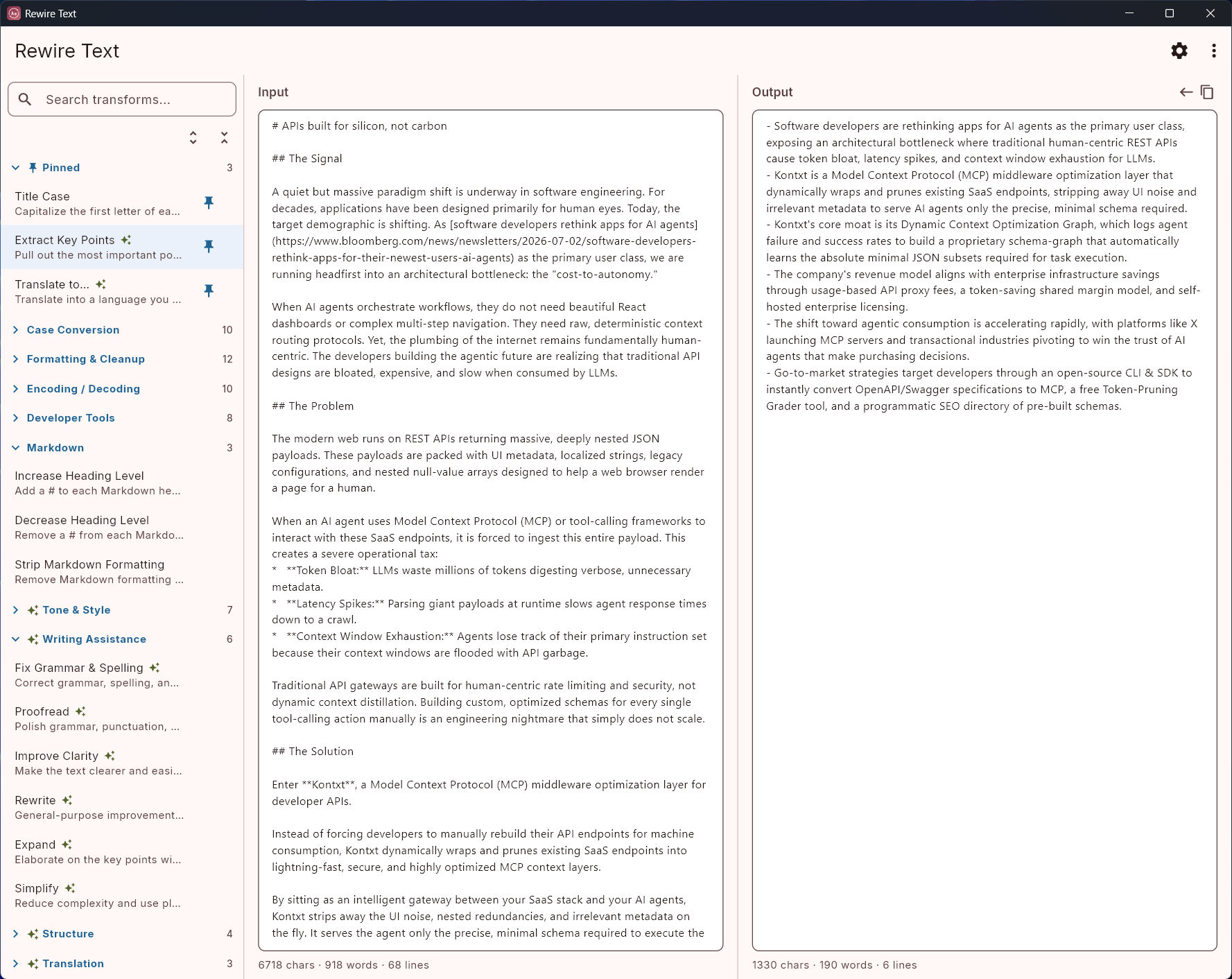 The full Rewire Text window on Windows: a sidebar with pinned transforms and categories, an input pane with a Markdown document, and an output pane showing the extracted key points.